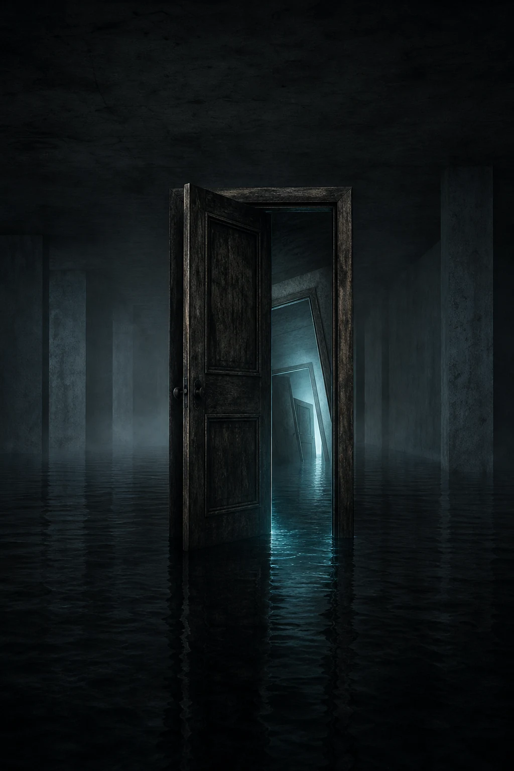 An open door leading into an impossibly repeating flooded room